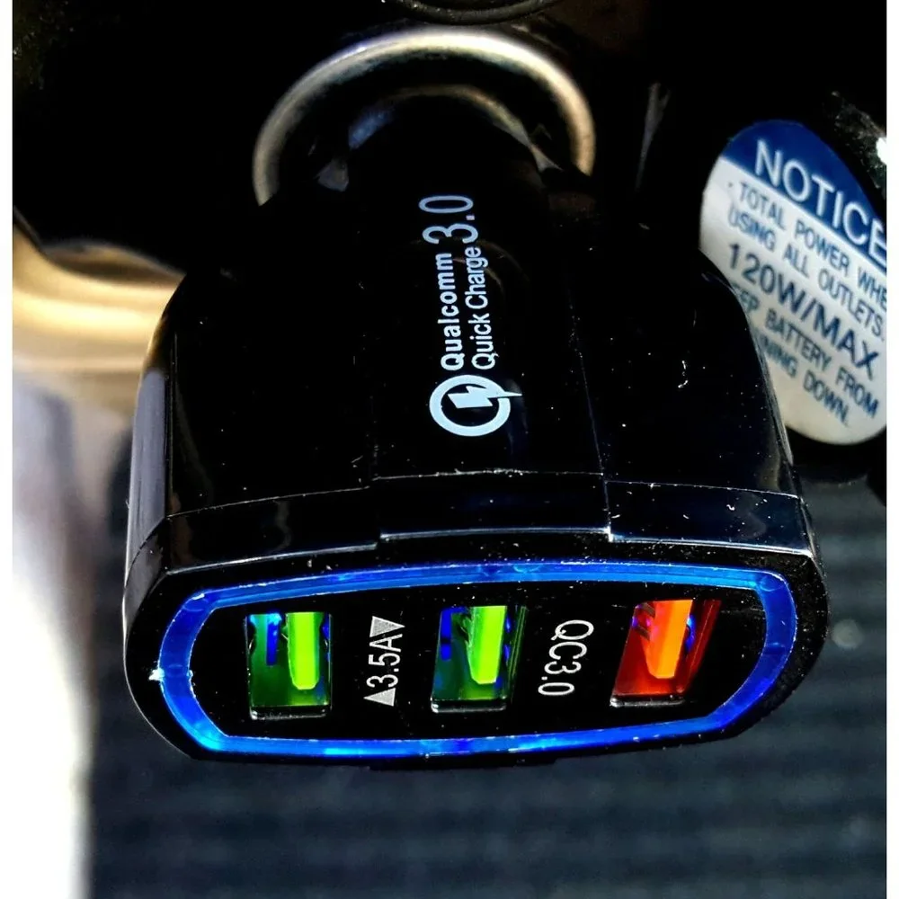 3 Port Car Phone Charger with LED Lighted Port, charges 3 devices simultaneously